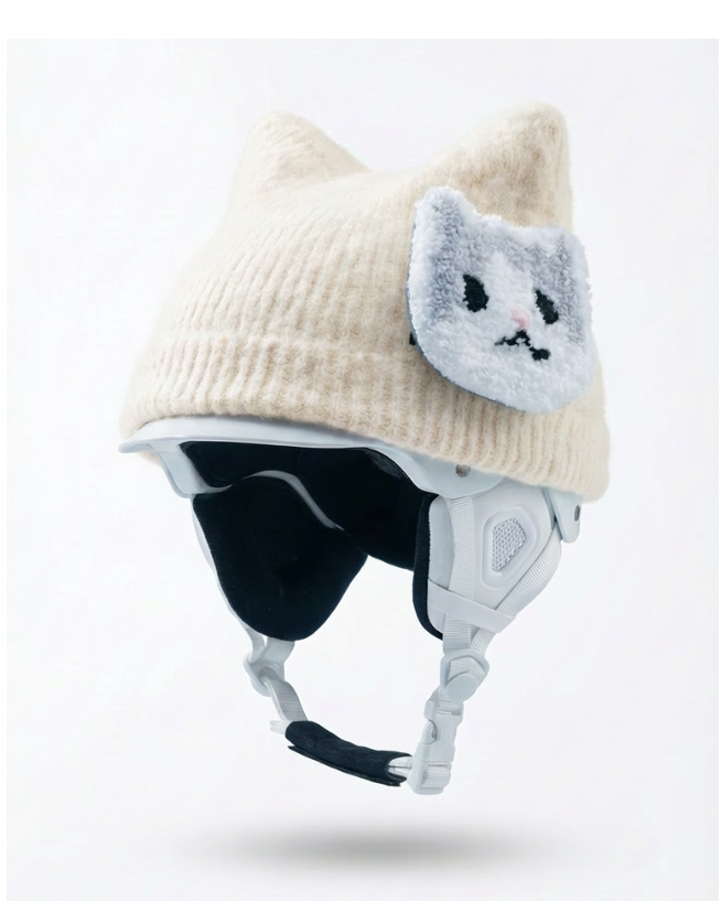Helmet with a beige knit cap featuring cat ears and a face on a white background