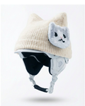 Helmet with a beige knit cap featuring cat ears and a face on a white background